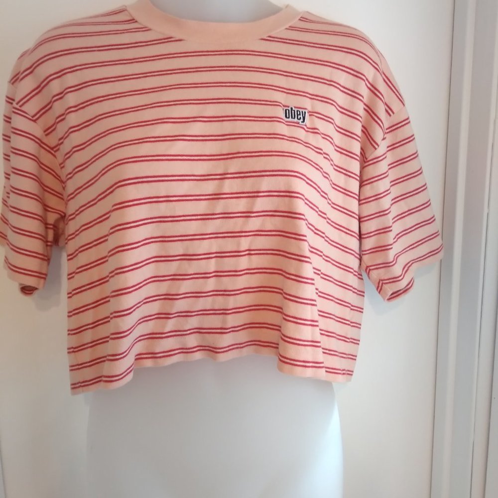 Pink striped cropped Obey tee